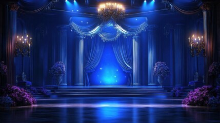 Elegantly lit beauty pageant stage, featuring vibrant lighting and a sophisticated atmosphere.