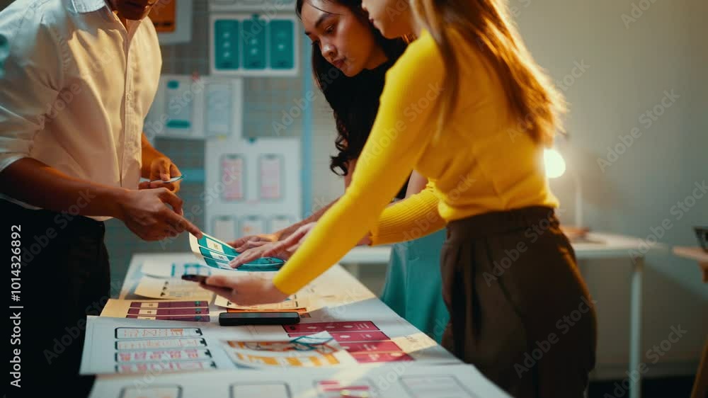 Poster Programmers team working together in office, developing ux interface design for mobile phone. App developers discussing new design project on digital tablet and color swatches