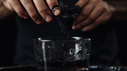 A man mixing black shilajit paste in a glass of water for ads