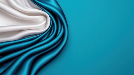 Blue and White Silk Fabric Drape on Turquoise Background   Minimalist Texture