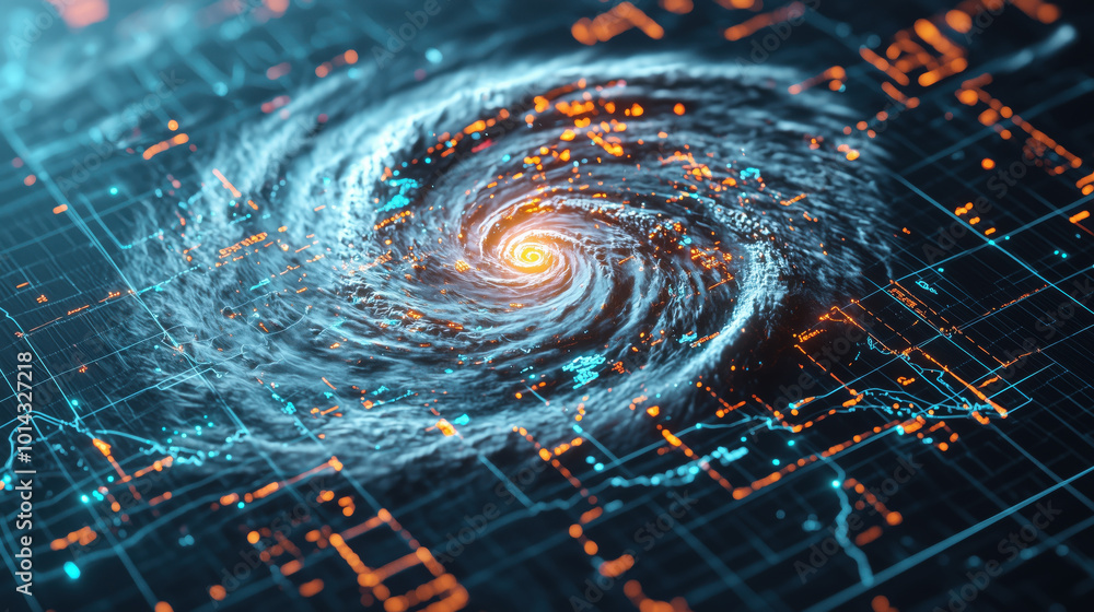 Poster 3d digital map illustrating hurricanes path with swirling patterns