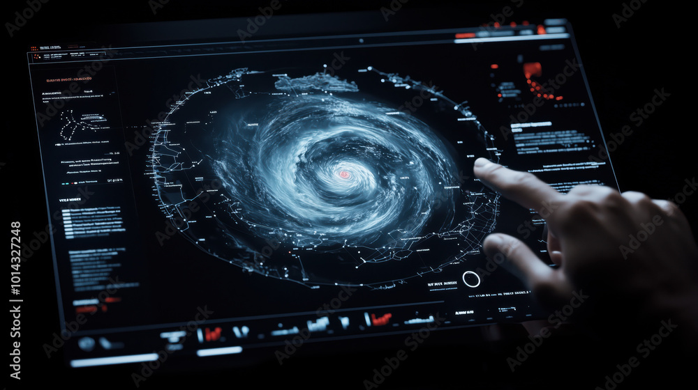 Poster digital table displaying holographic map of hurricane, showcasing intricate details