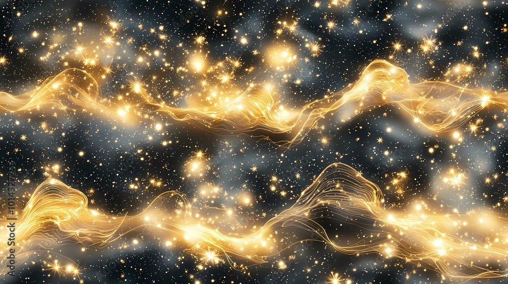 Poster the image contains a dark background with swirling lines of light against a scattering of golden sta