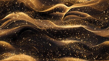 The image depicts a dark background with gold glitter and thin wavering lines of light. The image is a beautiful, swirling, abstract design with a luxurious feel.