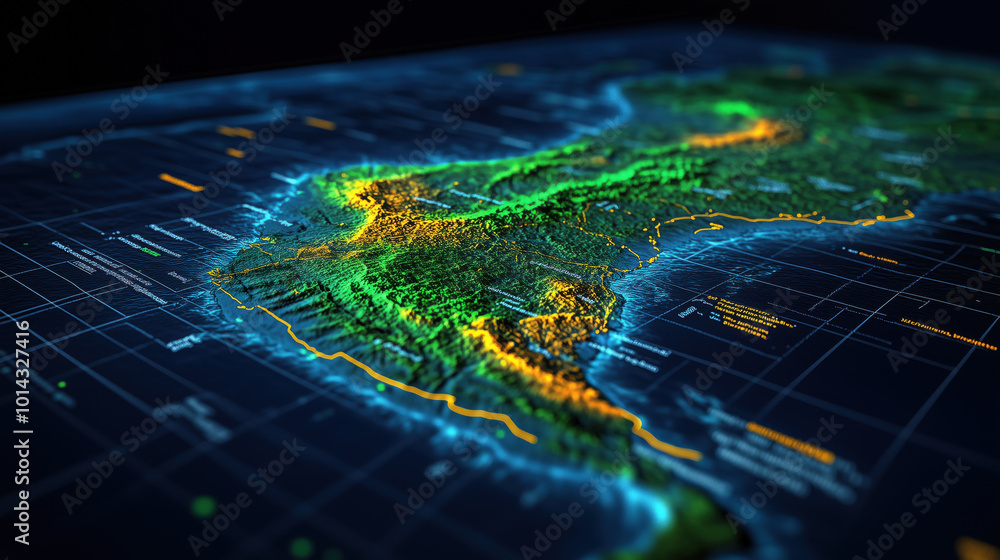Poster dynamic digital visualization of topographic map showcasing terrain features