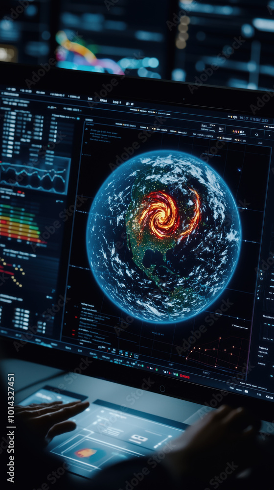 Poster futuristic digital map showing hurricane path on earth with data analysis