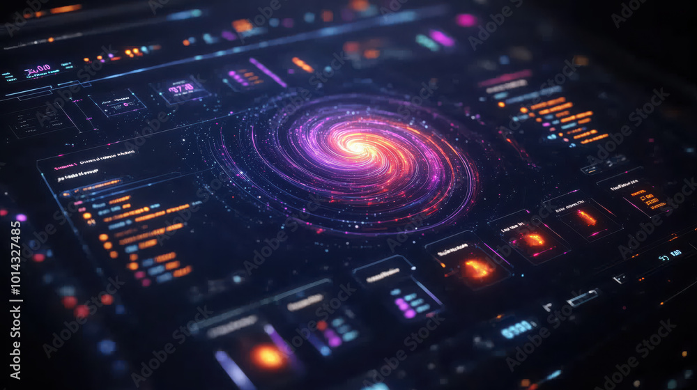 Poster futuristic digital map displaying swirling galaxy with vibrant colors and data