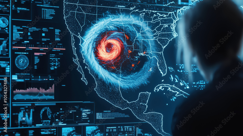 Poster futuristic digital map showing hurricane path and data analysis