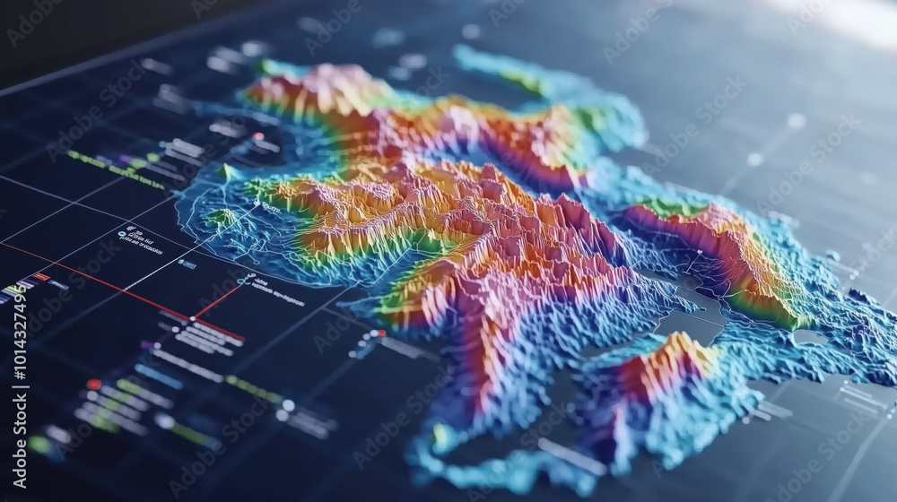 Poster futuristic digital map displaying colorful terrain and elevation data
