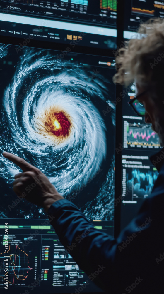 Poster meteorologist analyzing hurricane on digital screen with data visualizations