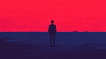 Silhouette of Man Standing at Sunset with Red and Blue Landscape