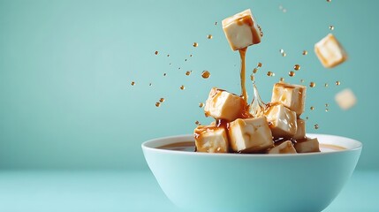 Tofu Cubes Falling Into Bowl With Sauce Splash