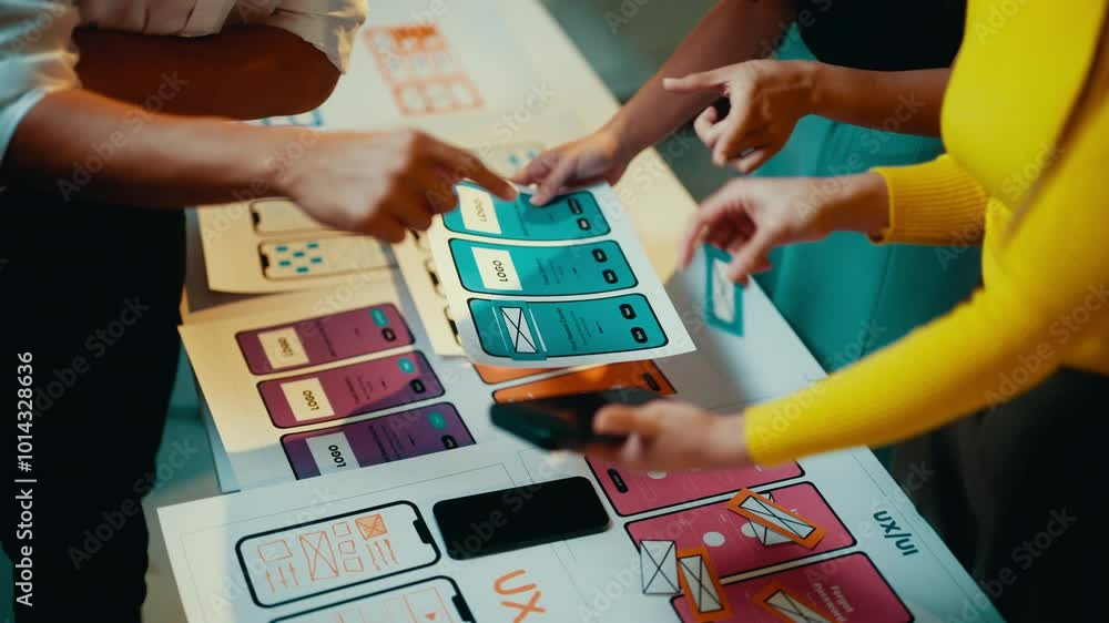 Poster Designers engage in a discussion about user experience for an application interface, utilizing wireframes and a smartphone to enhance their collaborative efforts