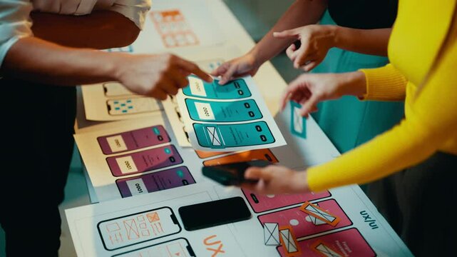 Designers engage in a discussion about user experience for an application interface, utilizing wireframes and a smartphone to enhance their collaborative efforts
