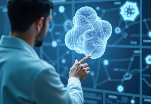 a scientist microbiologist geneticist studies a large model of a bacterium a molecule a virus a hologram - Powered by Adobe