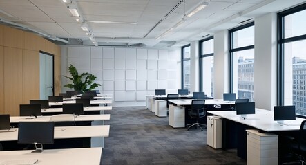 Fototapeta premium Contemporary office setting with neat rows of desktops and a mockup wall by the windows