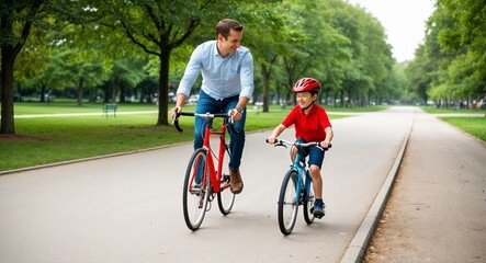 Father giving his son cycling lessons on a quiet park path
