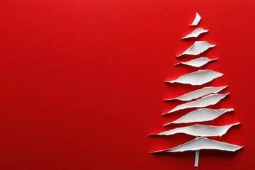 Christmas Tree made with white paper on red background, Torn Paper Christmas Tree on red Background. Perfect for holiday-themed designs, Holiday card, banner design, Christmas festive.