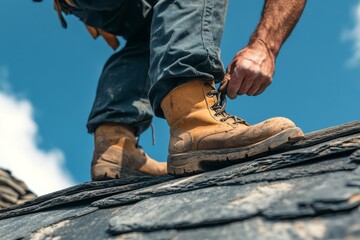 Close-up of a worker's hand setting the final shingle on a roof, with work boots and grey jeans under a sunny blue sky. Generative AI