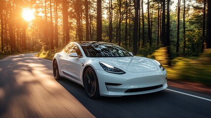 Hybrid car driving through a city, highlighting eco-friendly technology and energy efficiency