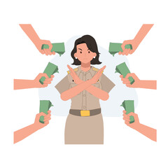 Thai Government Officer Cartoon Refusing Bribe with No Gesture in Anti-Corruption Theme