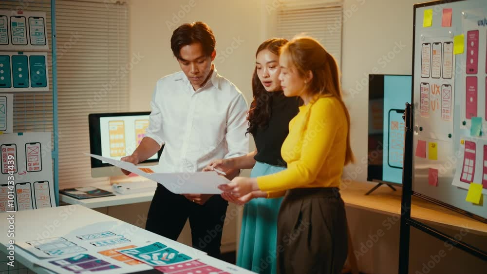 Aufkleber Young asian ui ux designers team working and discussing mobile application software design prototype sketch at modern startup office