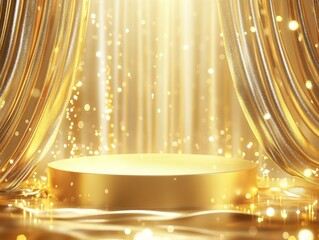 2408 67.A luxurious gold podium with a smooth, reflective surface, adorned with elegant flowing ribbons that cascade down the sides. Glittering light effects surround the podium, creating a halo of