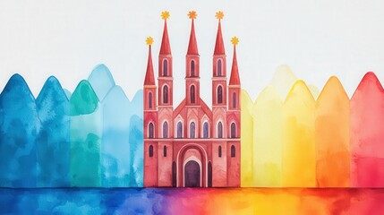 Fototapeta premium Watercolor Painting of Church with Colorful Mountains and Reflection