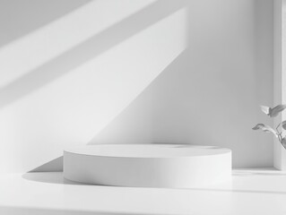 2408 80.A minimalist 3D-rendered white podium displayed in a studio setting. The smooth lines and clean backdrop create an abstract composition, ideal for presenting products in a contemporary
