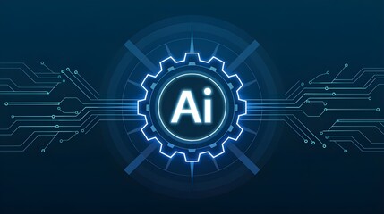 AI symbol embedded within a futuristic, glowing blue gear, connected to a complex circuit board