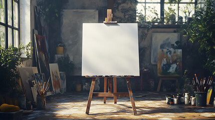 mockup of a blank canvas on an artist's easel, set in a well-lit studio space with paintbrushes and art supplies scattered in the background