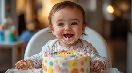 Adorable baby girl eating rainbow birthday cake at party