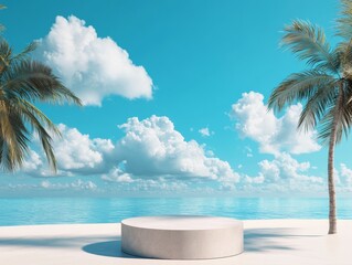 Fototapeta premium 2408 97.A 3D podium standing on a sandy beach with a bright blue sky and fluffy white clouds in the background. The podium has a clean, minimalist design, with the tropical setting providing a