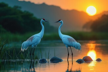 Obraz premium Two whooping cranes standing on rocks at sunset