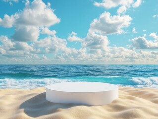 2408 98.A white 3D-rendered podium positioned on a tropical beach, surrounded by golden sand and framed by a clear blue sky dotted with white clouds. The podium offers ample copy space for product
