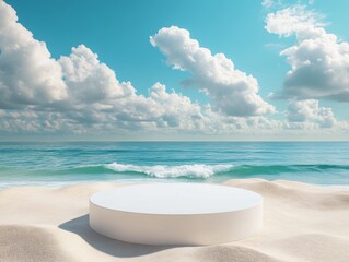 2408 98.A white 3D-rendered podium positioned on a tropical beach, surrounded by golden sand and framed by a clear blue sky dotted with white clouds. The podium offers ample copy space for product
