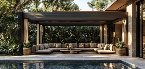 Fototapeta premium A boutique cabana features a smart pergola system and plush seating under tropical planters.