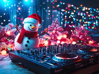 Festive DJ Snowman Setup: A Vibrant Party Atmosphere with Colorful Disco Lights - Perfect for Holiday Decor or a Fun Sports Room Poster!
