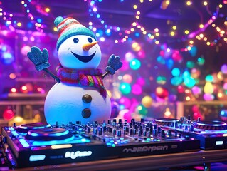 Festive DJ Snowman Setup: A Vibrant Party Atmosphere with Colorful Disco Lights - Perfect for Holiday Decor or a Fun Sports Room Poster!