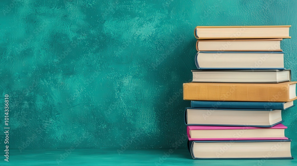 Poster stack of books on teal background with copy space