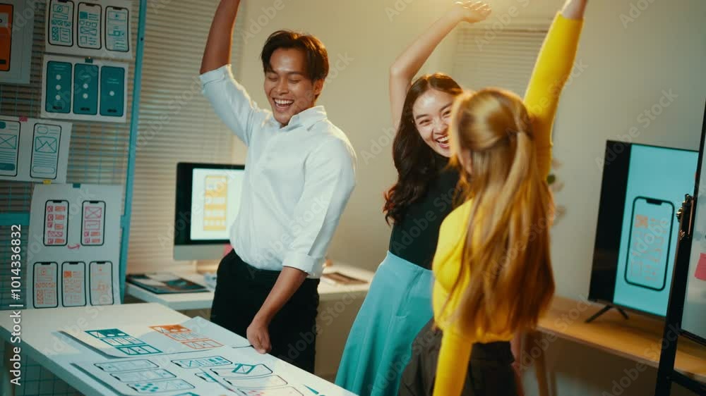 Poster young ui ux designers are happy with the success of their mobile application interface design. they 
