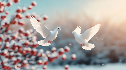 Two White Doves Flying in Winter Nature Scene