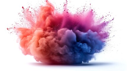 A vibrant explosion of red, pink, blue and orange powder creates a colorful cloud of dust on a white background.