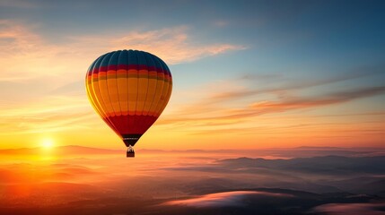 Obraz premium A hot air balloon floating in the sky during golden hour, with the sunlight illuminating the vibrant colors of the balloon as it drifts peacefully