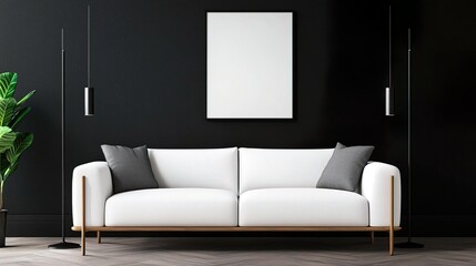 White living room with sofa and poster, minimalist design featuring a central seating arrangement and wall art..
