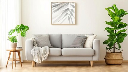 Bright Scandinavian living room featuring design furniture, plants, and abstract paintings for a refreshing vibe..