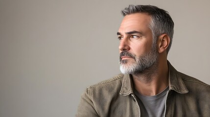 Portrait of a middle-aged man with salt and pepper hair and beard, wearing a brown jacket, looking away from the camera