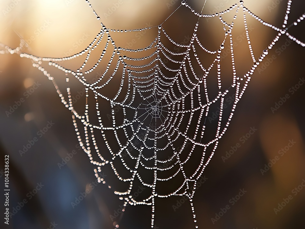 Poster close-up of a spider web with dew drops in the morning light.
