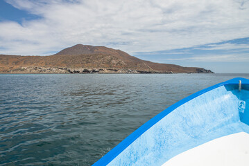 Navigating the rocky mountain formations on CORONADO Island in Loreto Baja California Sur. Natural landscapes, seascapes and geology of MEXICO.