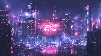 Obraz premium A vibrant cityscape celebrating New Year's with fireworks and festive colors.